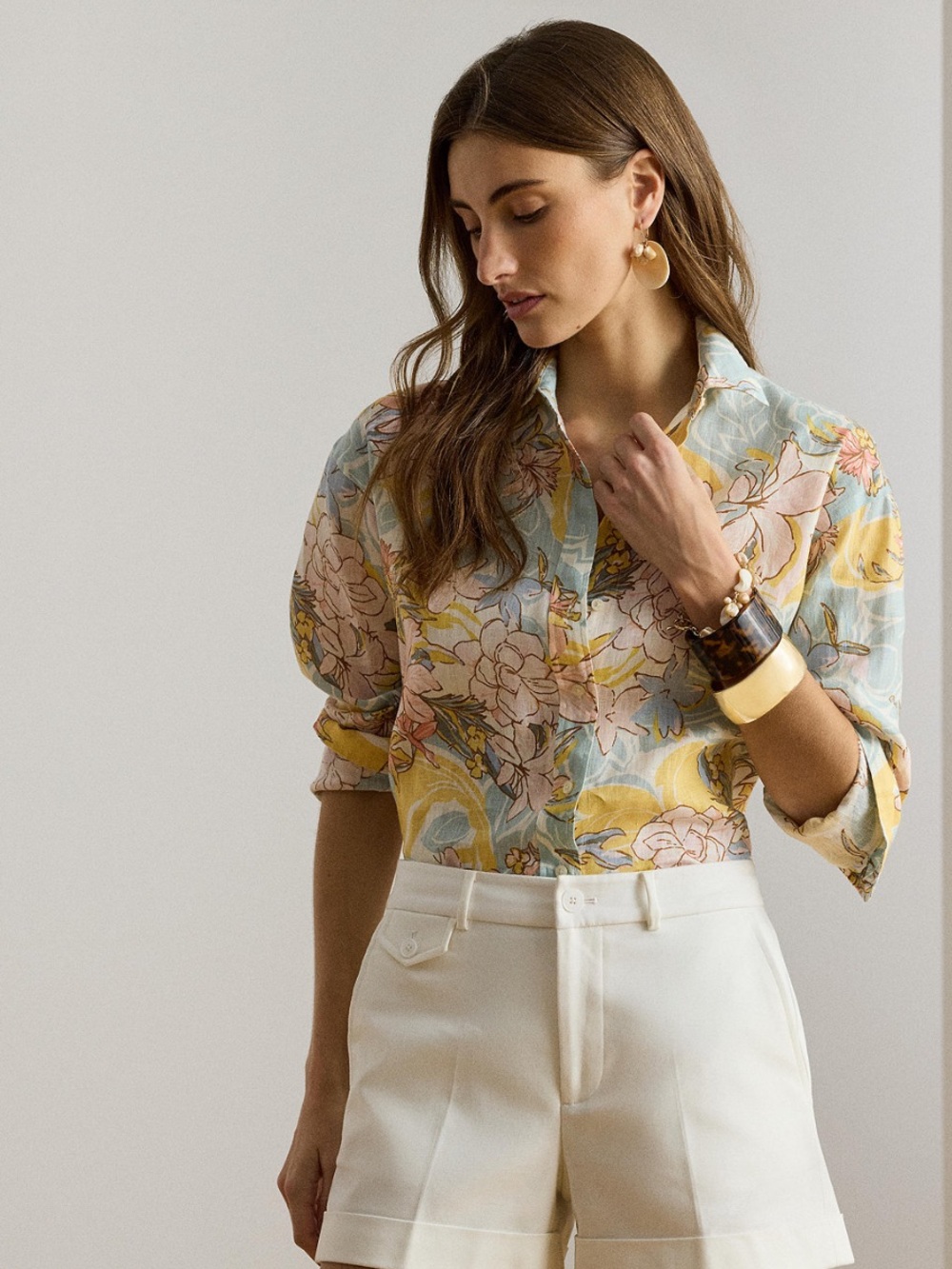 Linen Floral Point Collar Long Sleeve Button-Front Shirt